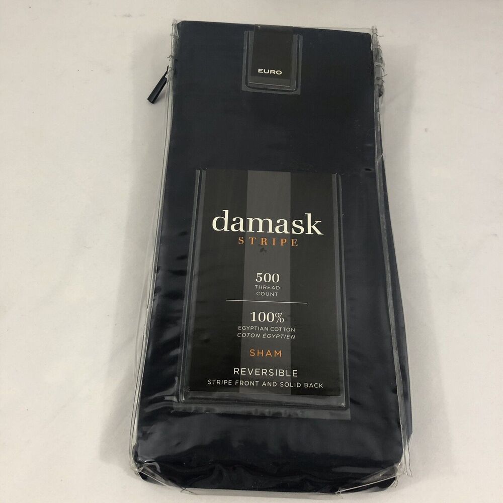 Damask Stripe Reversible Euro Sham Navy 500 Thread Count Egyptian Cotton - Picture 3 of 9